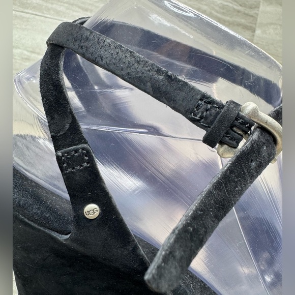 UGG Strappy Black Velvet Suede Wedge Heels Womens Size 7 - Picture 4 of 11